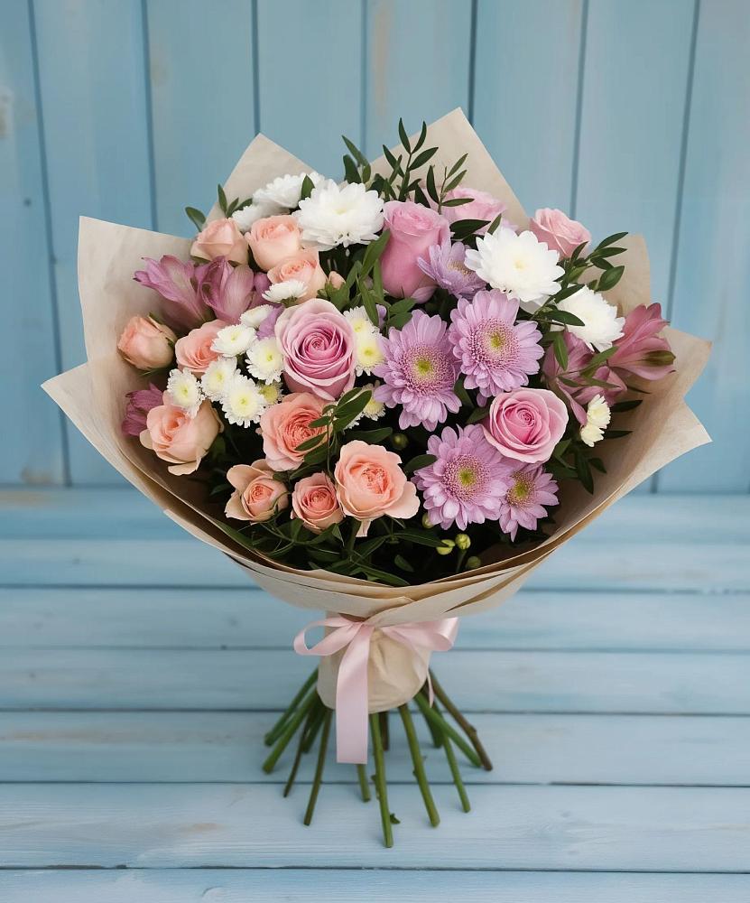 Букет цветов из: Хризантемы, Розы и Альстромерии в Поселок Ремзавода