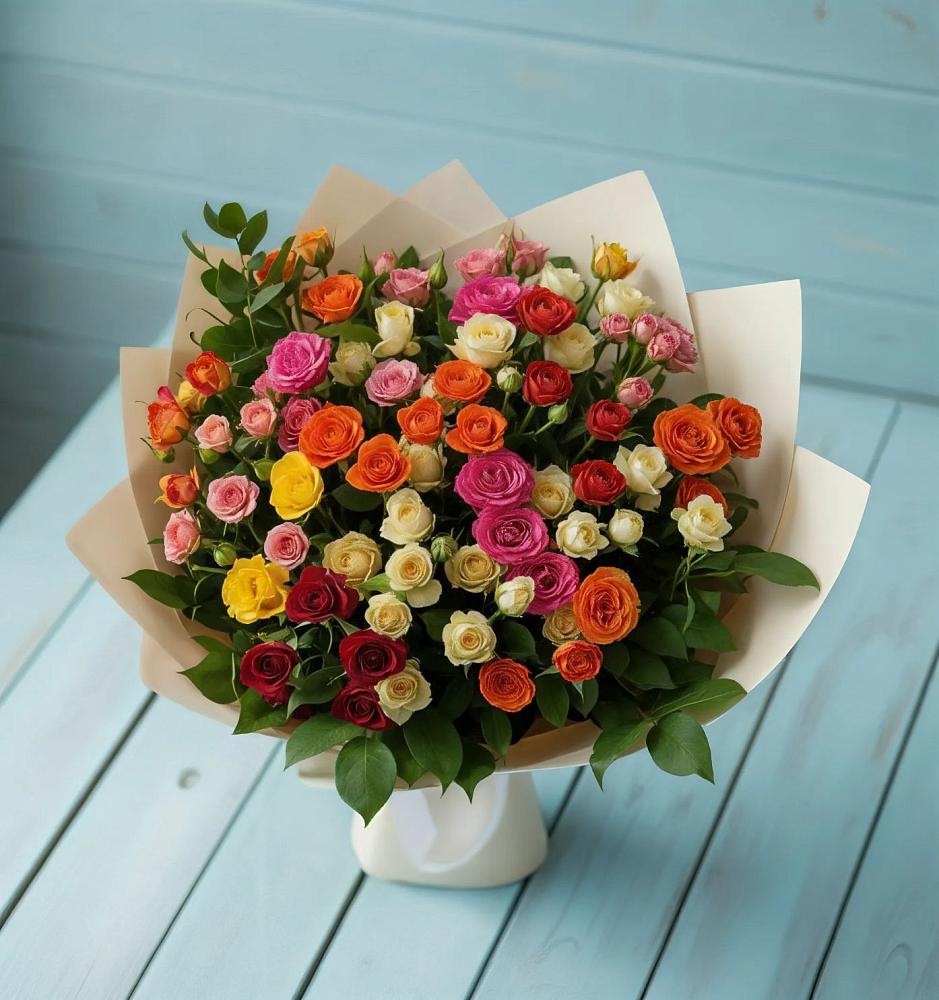 Букет Микс из разноцветных кустовых роз в Поселок Ремзавода