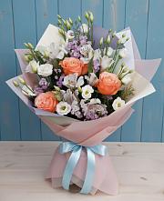 Букет цветов из:  Лизиантусы, Розы, Альстромерии и Гипсофила в Поселок Ремзавода