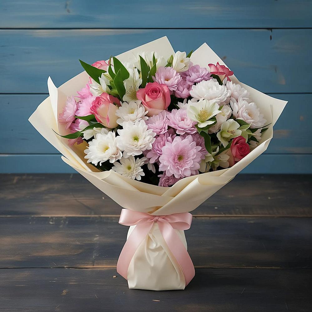 Букет цветов из: Хризантемы, Альстромерии и Розы в Поселок Ремзавода